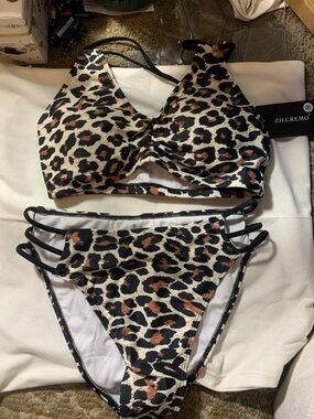 Zilcremo Leopard Print Strappy Bikini Set in Brown/Black